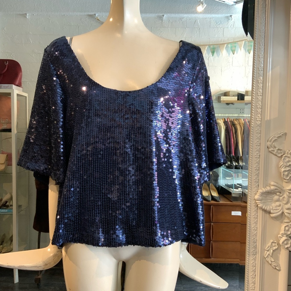 Free People Sparkling Navy Sequin Blouse
